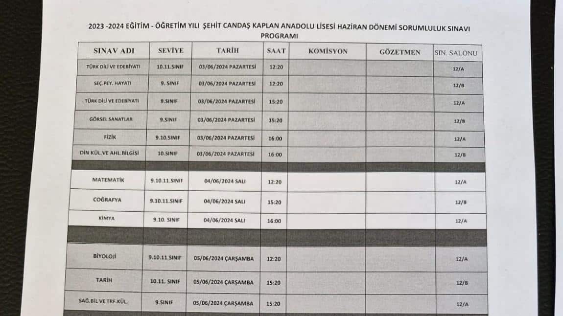 2023-2024 Eğitim Öğretim Yılı Haziran Dönemi Sorumluluk Sınav Programımız.