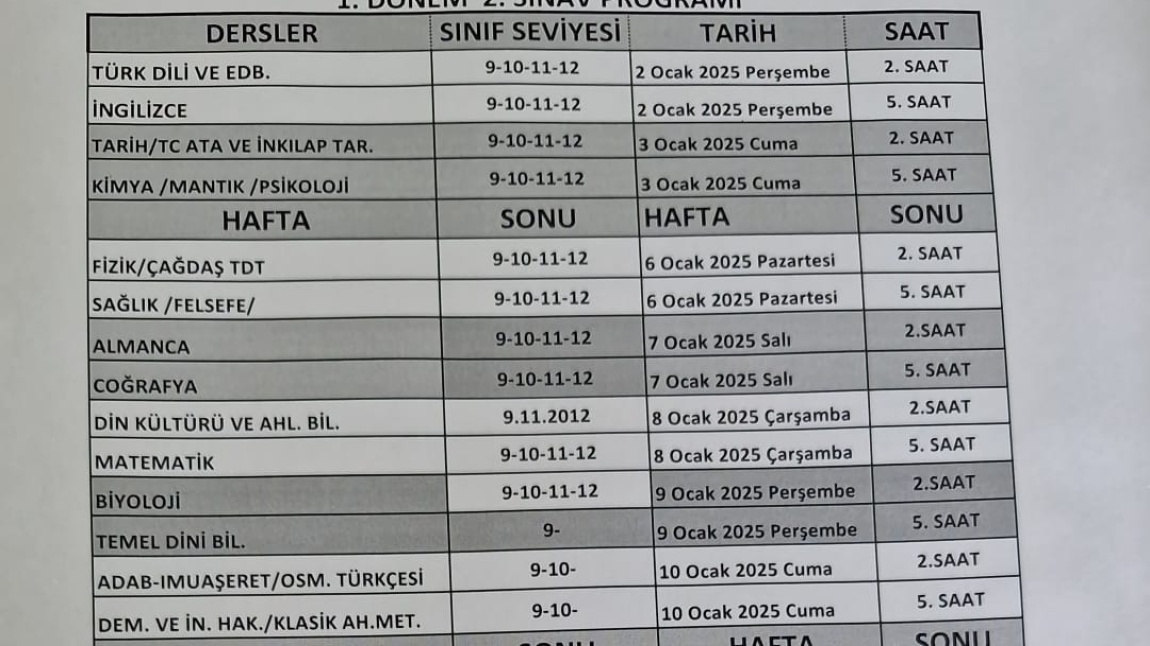 1.dönem 2.Ortak Sınav Programımız